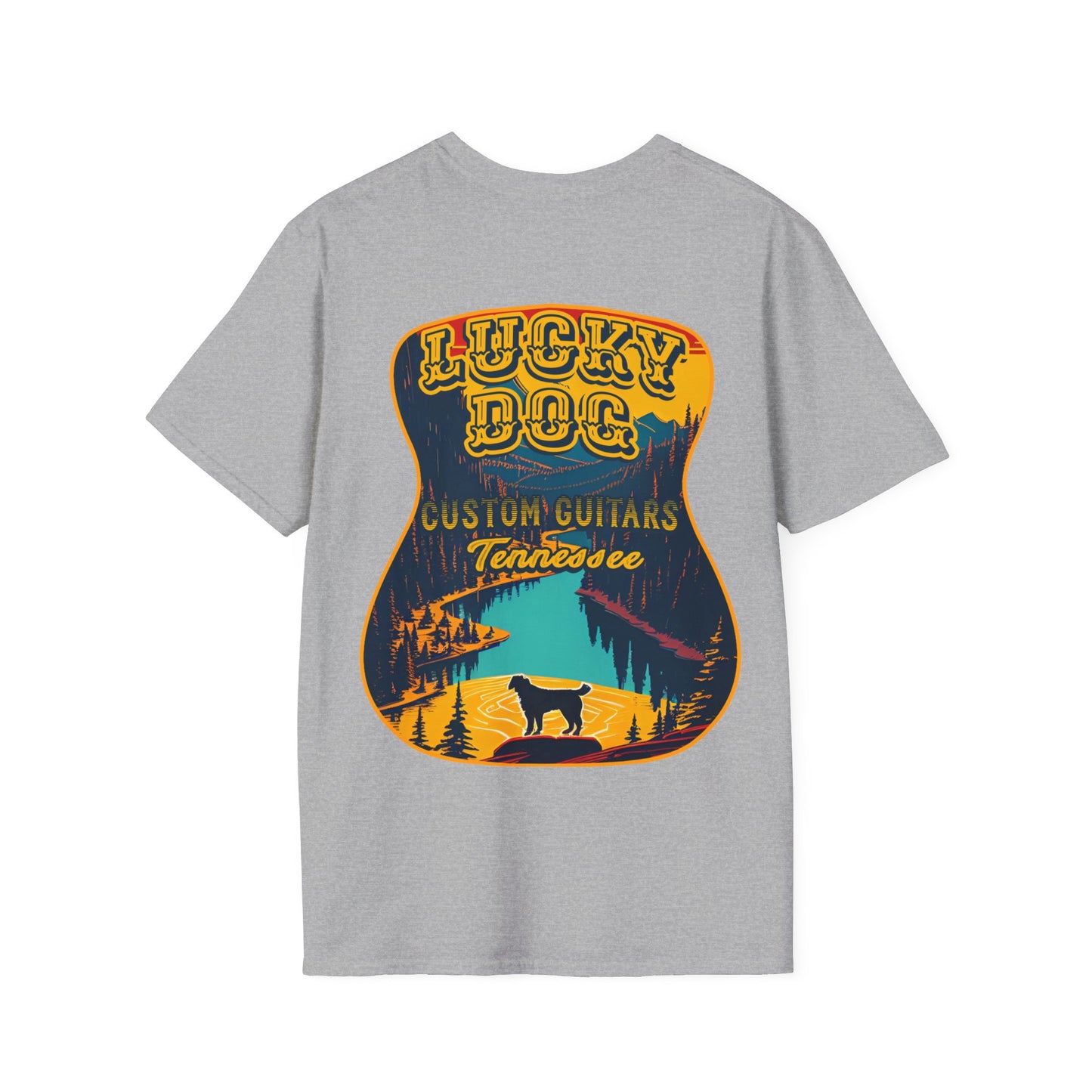 Australia BUYERS ONLY- Lucky Dog Guitars T-shirt Tennessee Mountains Custom Band Concert Hiking Nature BigFoot Big Foot Camping Ford Chevy