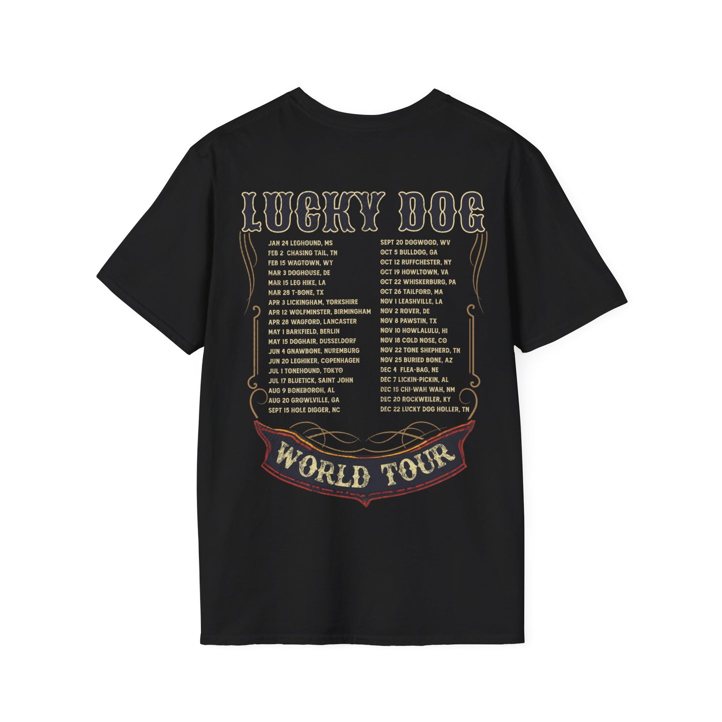 Australia Buyers ONLY- Lucky Dog Guitars World Tour 2024 T-shirt Tennessee Custom Band Country Music Nashville Bluegrass Concert 80's