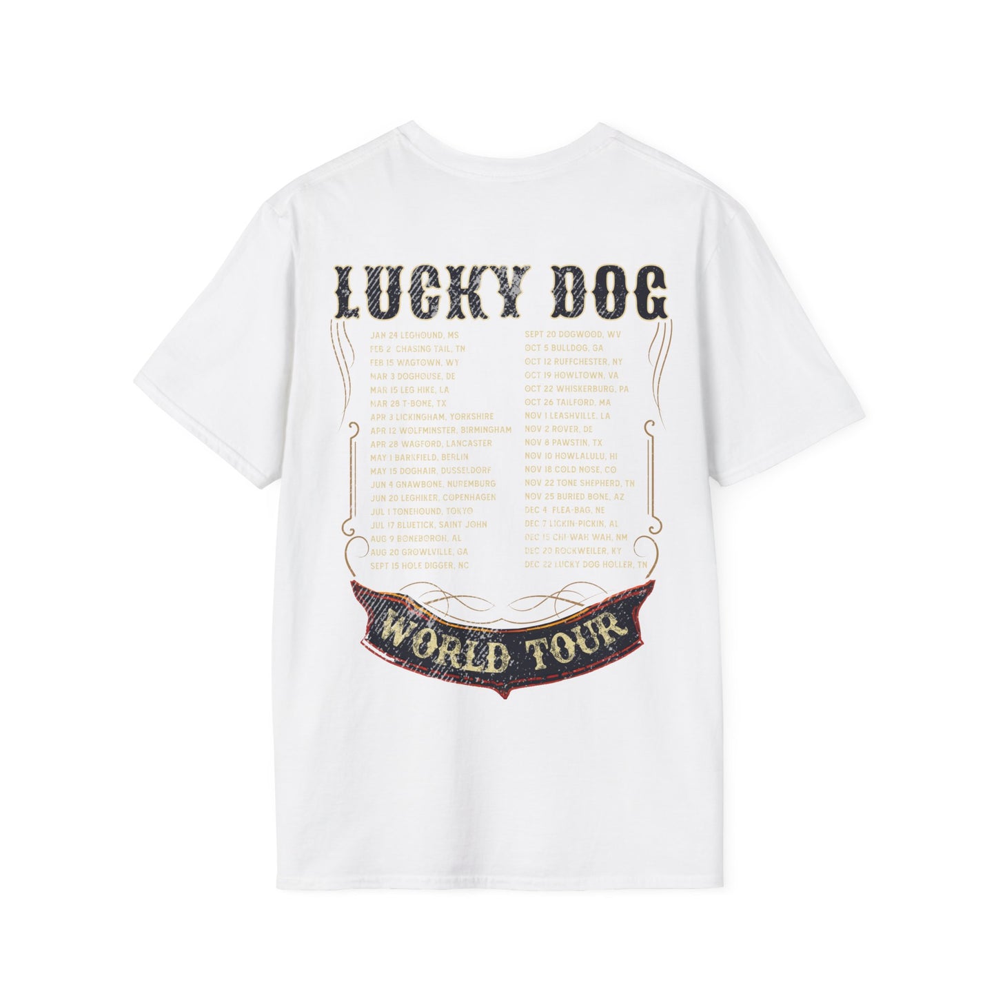 Australia Buyers ONLY- Lucky Dog Guitars World Tour 2024 T-shirt Tennessee Custom Band Country Music Nashville Bluegrass Concert 80's