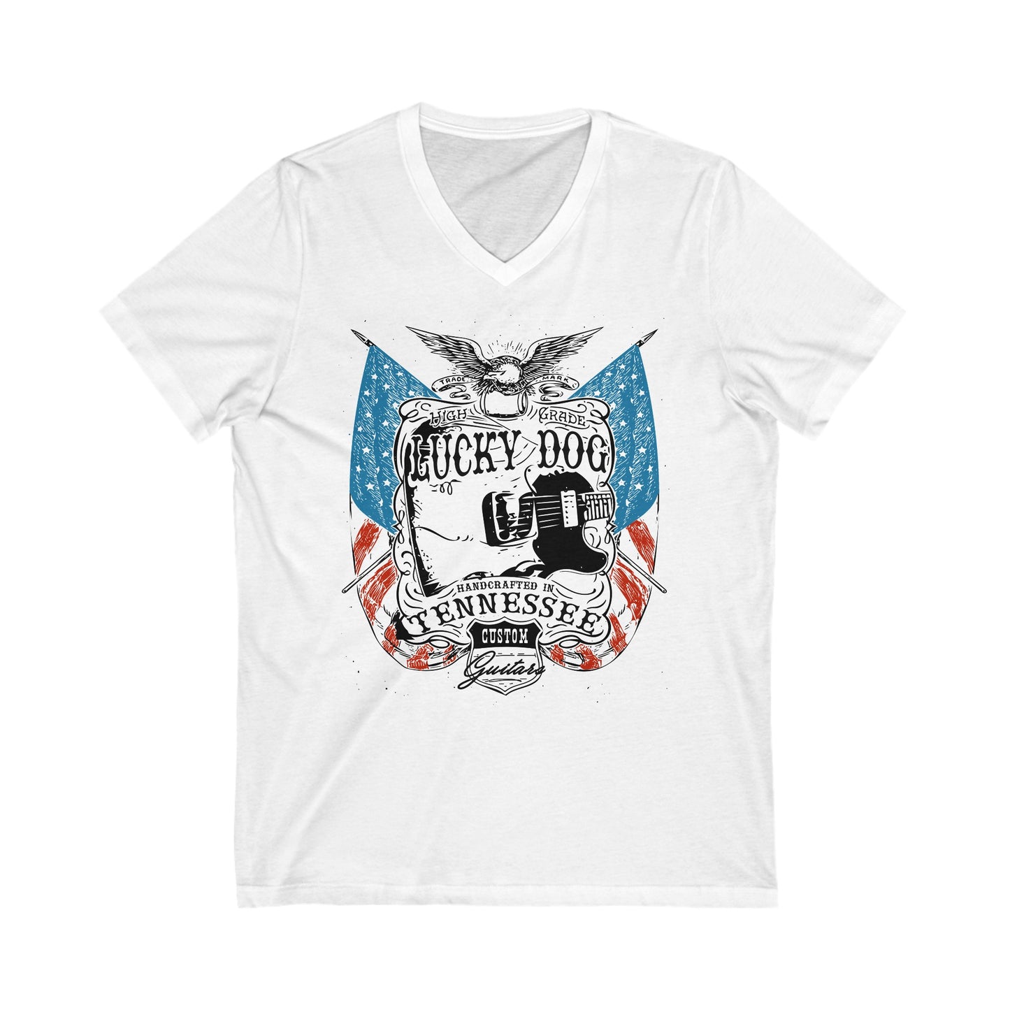 Lucky Dog Short Sleeve V-Neck Tee Custom Guitars Tennessee American Eagle Flag USA Patriotic Stars Stripes Guitar USA