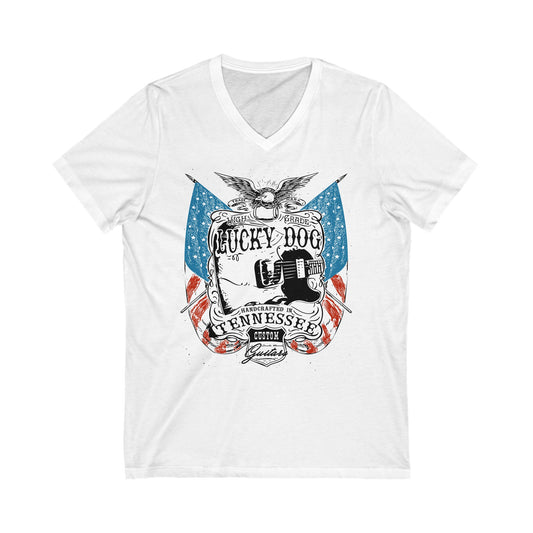 Lucky Dog Short Sleeve V-Neck Tee Custom Guitars Tennessee American Eagle Flag USA Patriotic Stars Stripes Guitar USA