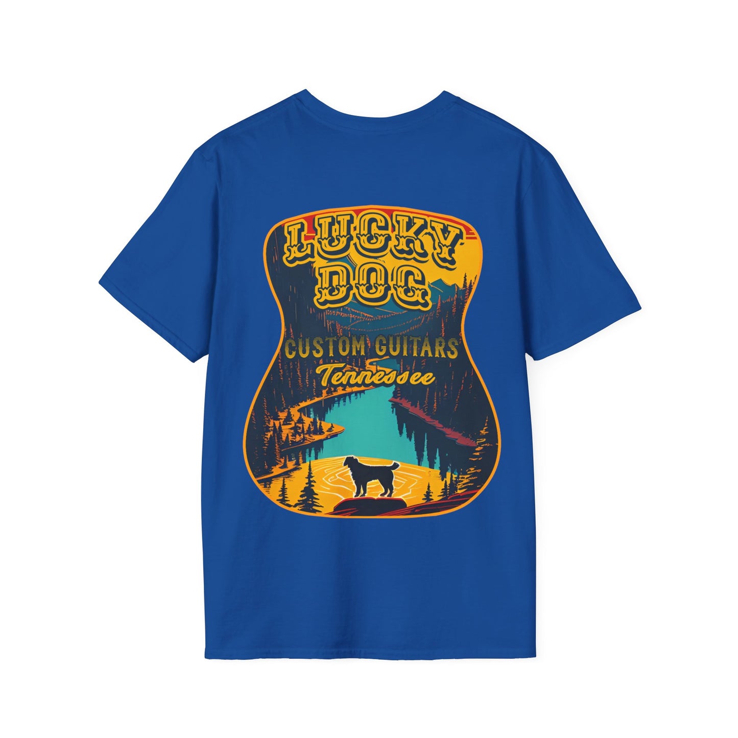 Australia BUYERS ONLY- Lucky Dog Guitars T-shirt Tennessee Mountains Custom Band Concert Hiking Nature BigFoot Big Foot Camping Ford Chevy