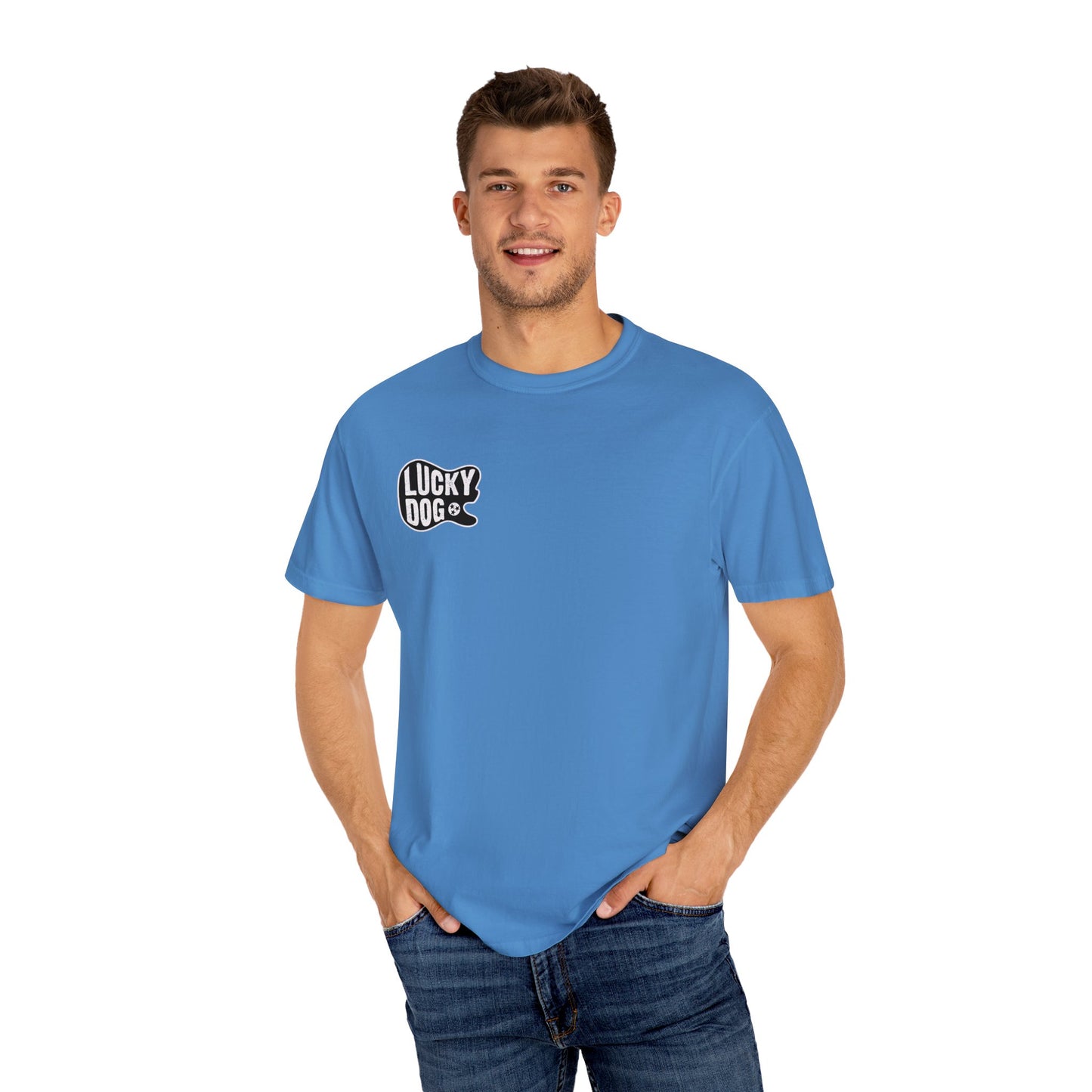 PREMIUM Comfort Colors Lucky Dog Guitar T-shirt - Just Say No To Boring Guitars - Tennessee Guitar Company new 2023 USA