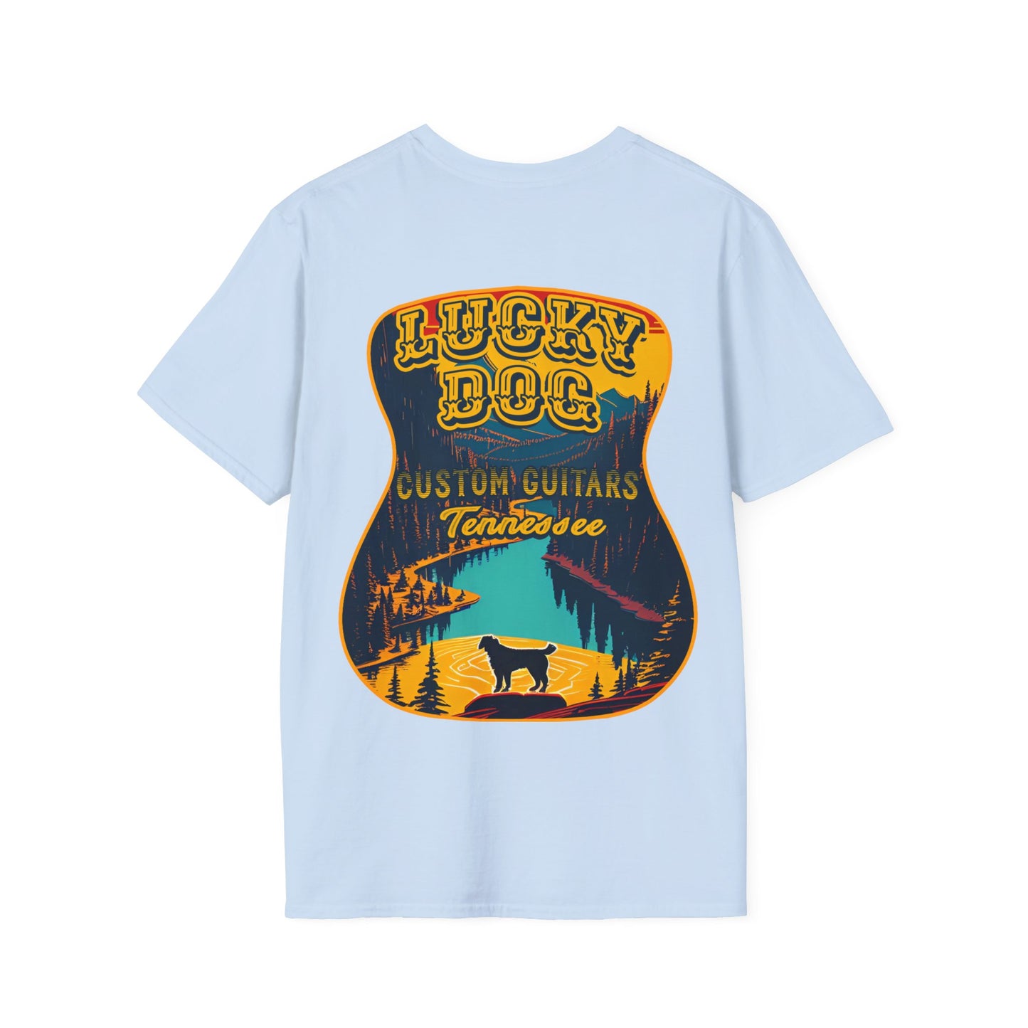 Australia BUYERS ONLY- Lucky Dog Guitars T-shirt Tennessee Mountains Custom Band Concert Hiking Nature BigFoot Big Foot Camping Ford Chevy