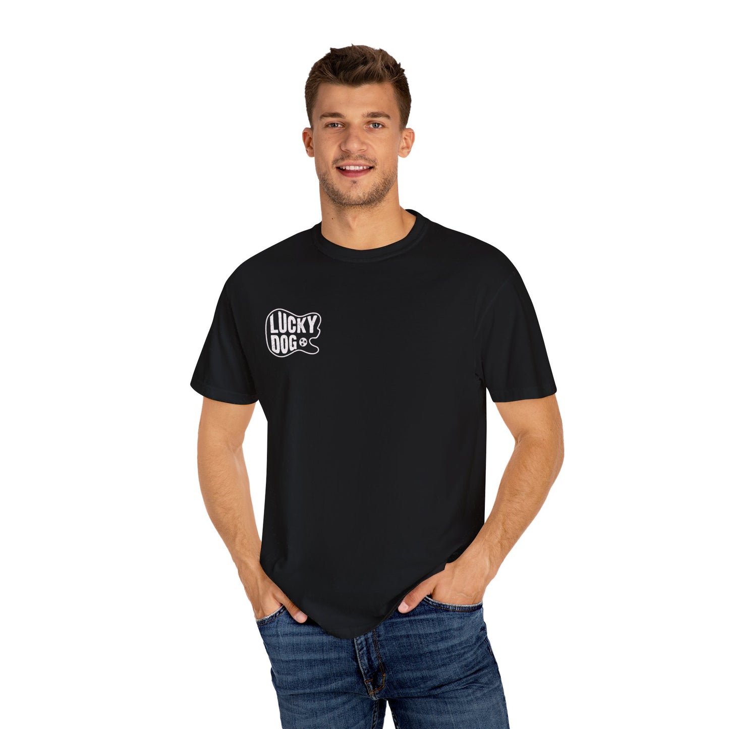 PREMIUM Comfort Colors Lucky Dog BLACK Guitar T-shirt - Just Say No To Boring Guitars - Tennessee Guitar Company new 2023 USA