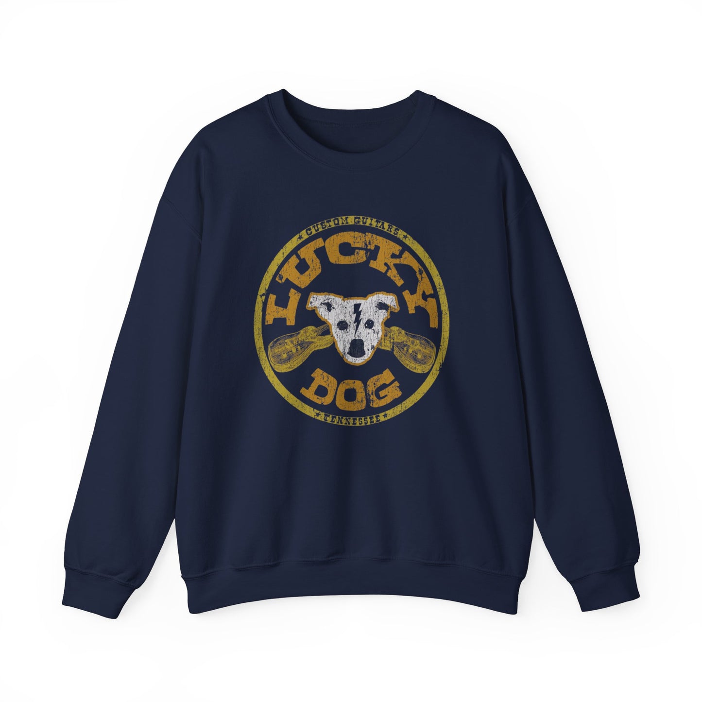 UK Buyers ONLY- Lucky Dog Guitars Dog-Head Logo Sweatshirt - Heavy blend crewneck.  Tennessee America Guitar Company Country Music USA