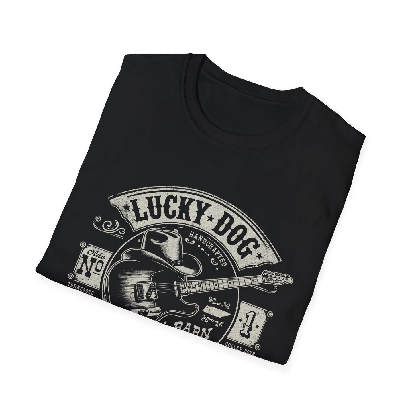 Australia Buyers only- Lucky Dog Guitars - Barn Built Country music Tennessee T-shirt Mountain Charger vintage Outlaw Guitars Waylon