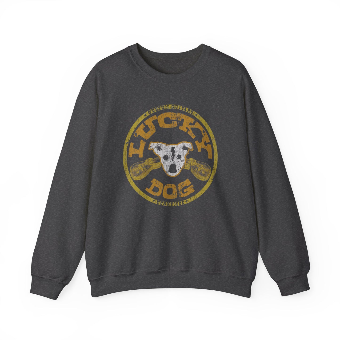 UK Buyers ONLY- Lucky Dog Guitars Dog-Head Logo Sweatshirt - Heavy blend crewneck.  Tennessee America Guitar Company Country Music USA