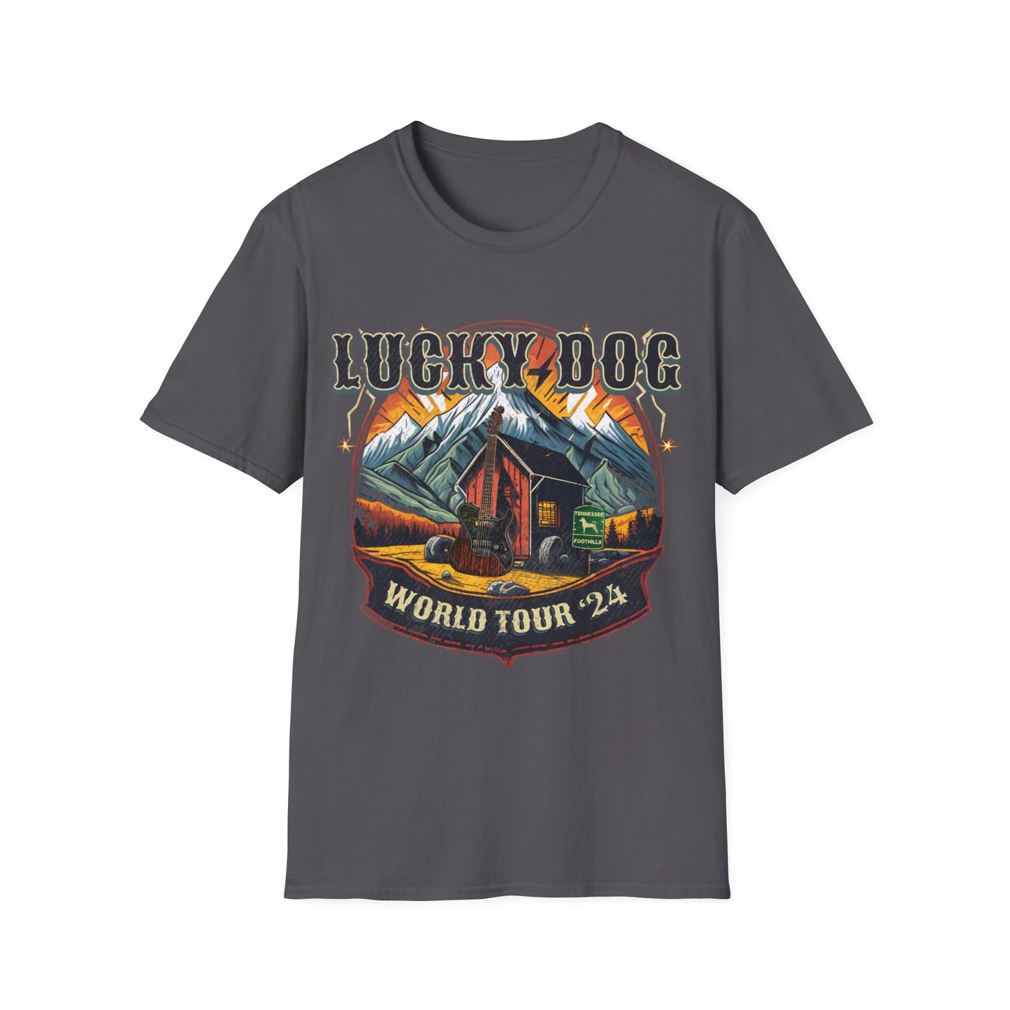 Australia Buyers ONLY- Lucky Dog Guitars World Tour 2024 T-shirt Tennessee Custom Band Country Music Nashville Bluegrass Concert 80's