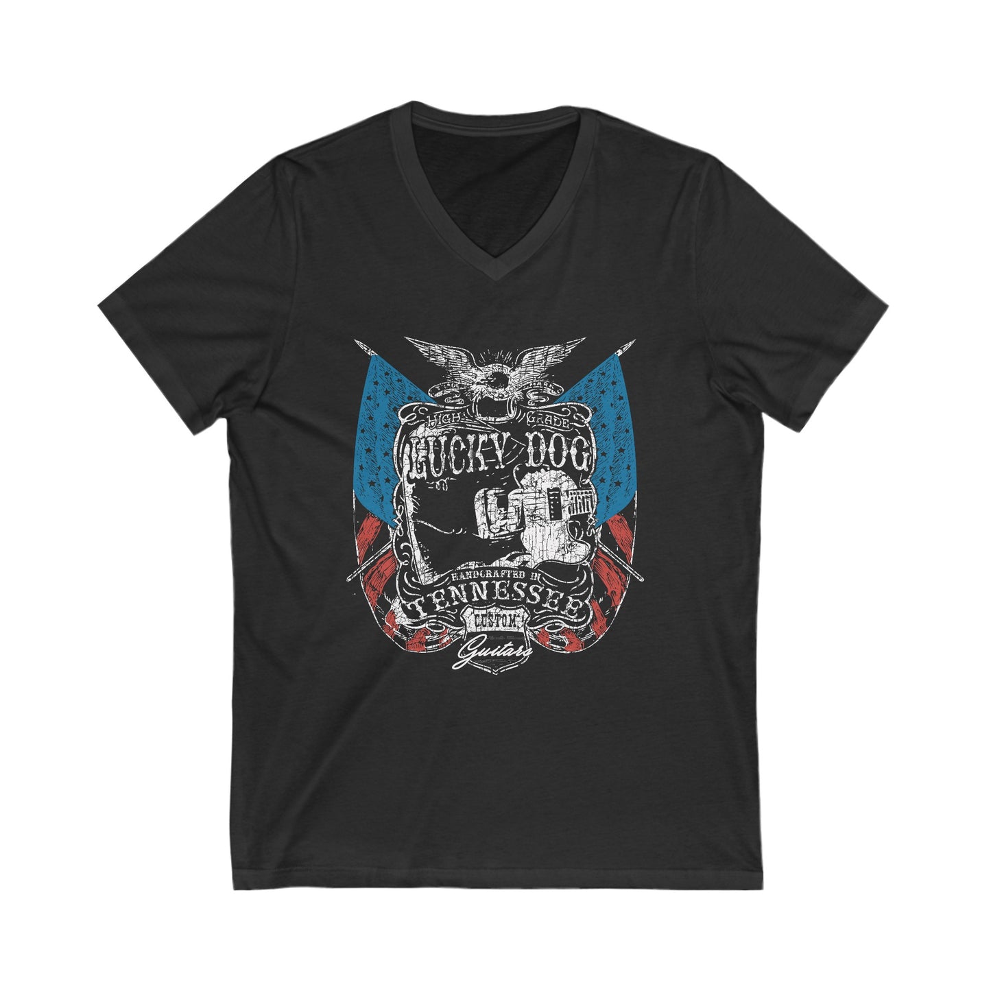 Lucky Dog Short Sleeve V-Neck Tee Custom Guitars Tennessee American Eagle Flag USA Patriotic Stars Stripes Guitar USA