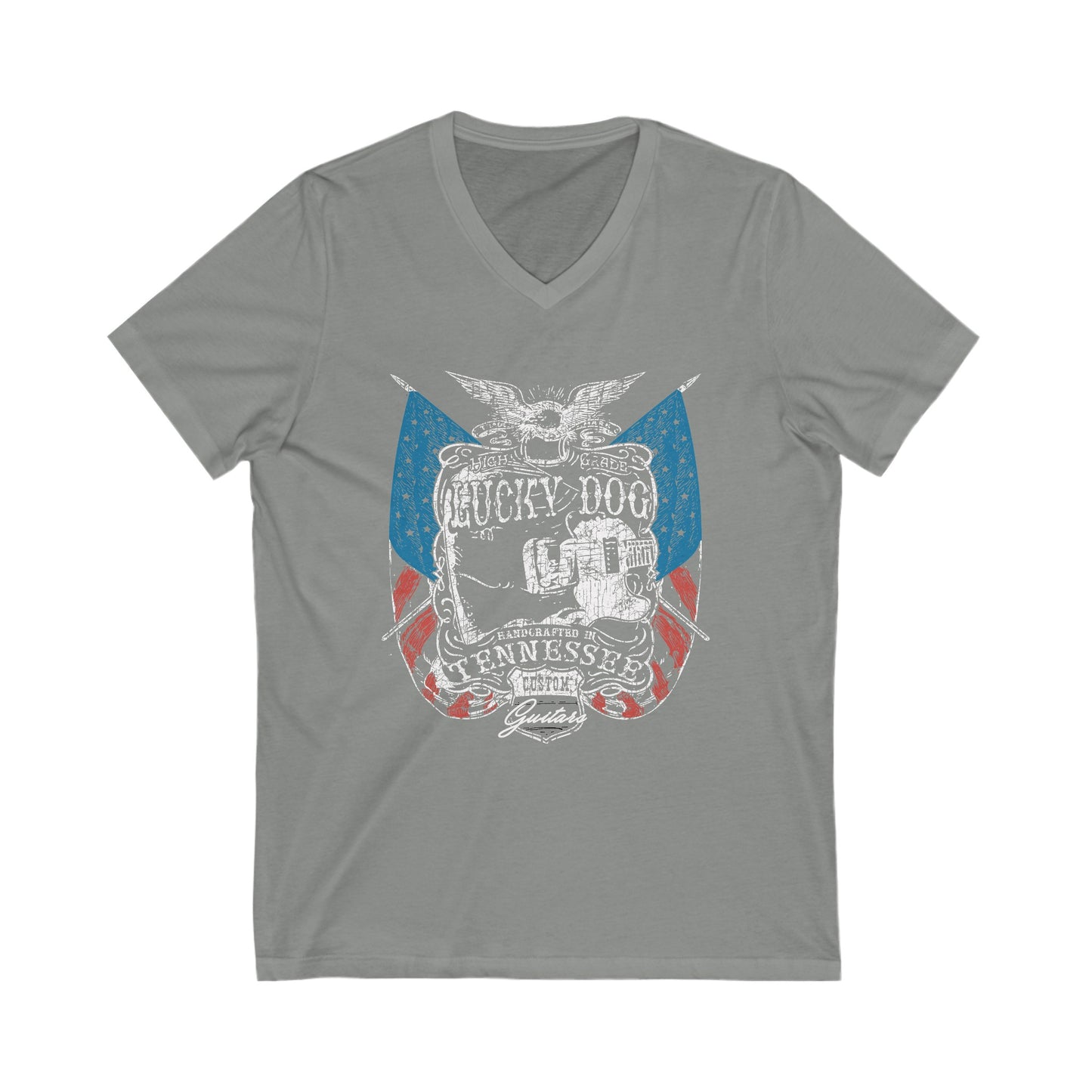 Lucky Dog Short Sleeve V-Neck Tee Custom Guitars Tennessee American Eagle Flag USA Patriotic Stars Stripes Guitar USA