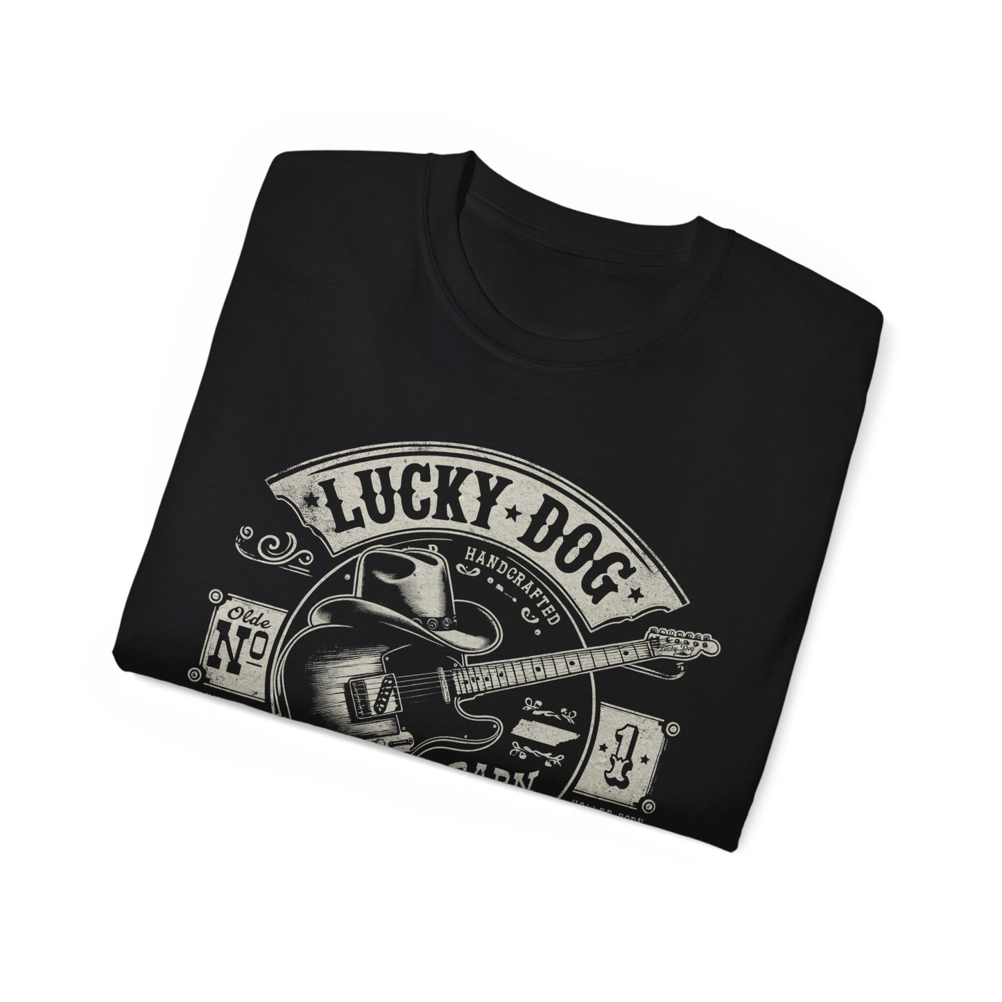 UK Buyers only- Lucky Dog Guitars - Barn Built Country music Tennessee T-shirt Mountain Charger vintage Outlaw Guitars Waylon