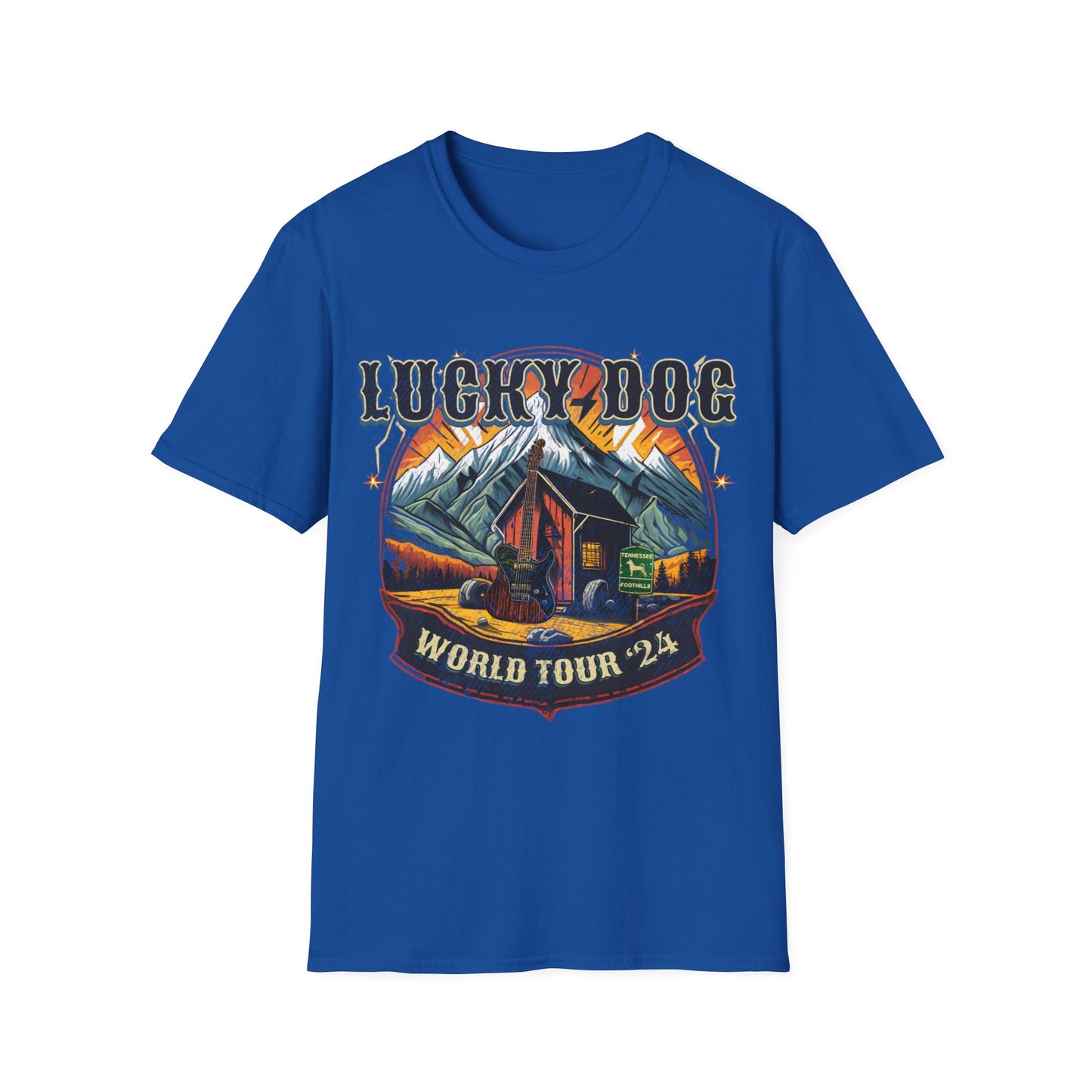 Australia Buyers ONLY- Lucky Dog Guitars World Tour 2024 T-shirt Tennessee Custom Band Country Music Nashville Bluegrass Concert 80's