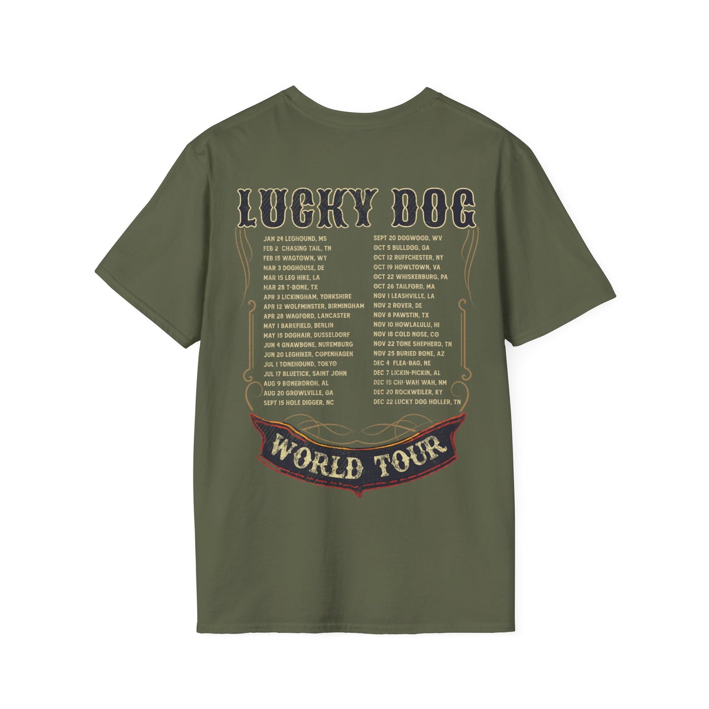 Australia Buyers ONLY- Lucky Dog Guitars World Tour 2024 T-shirt Tennessee Custom Band Country Music Nashville Bluegrass Concert 80's