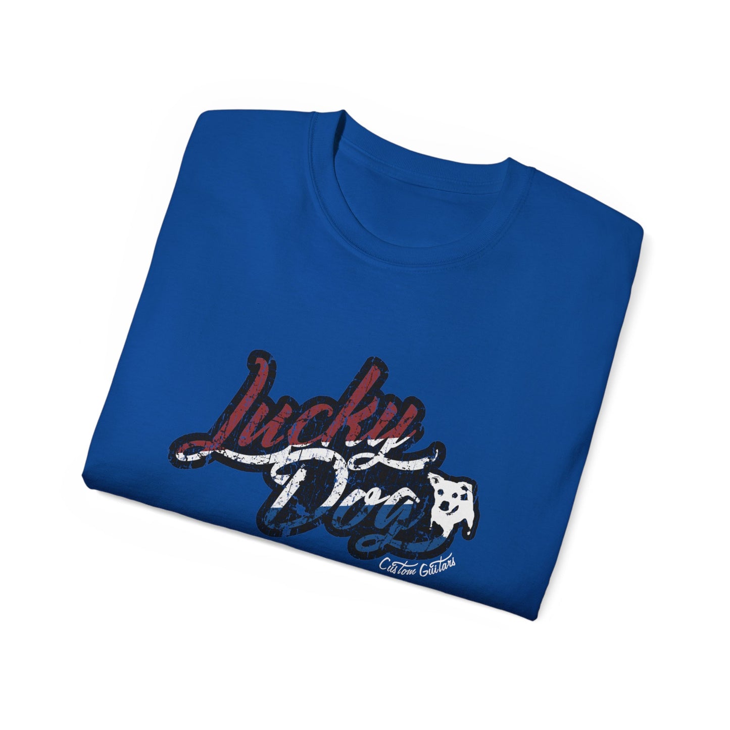 Retro Lucky Dog Guitars Red White Blue T-shirt 'Merica Logo Style OG Vintage America Patriotic Nashville Guitar Reissue USA