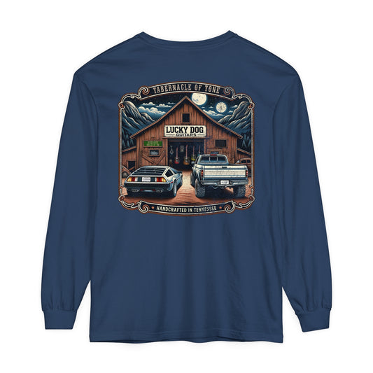 Premium Comfort Colors Long Sleeve Lucky Dog Guitars Tabernacle of Tone Delorean Guitar Vintage Back To Country Outlaw TN Tennessee McFly USA