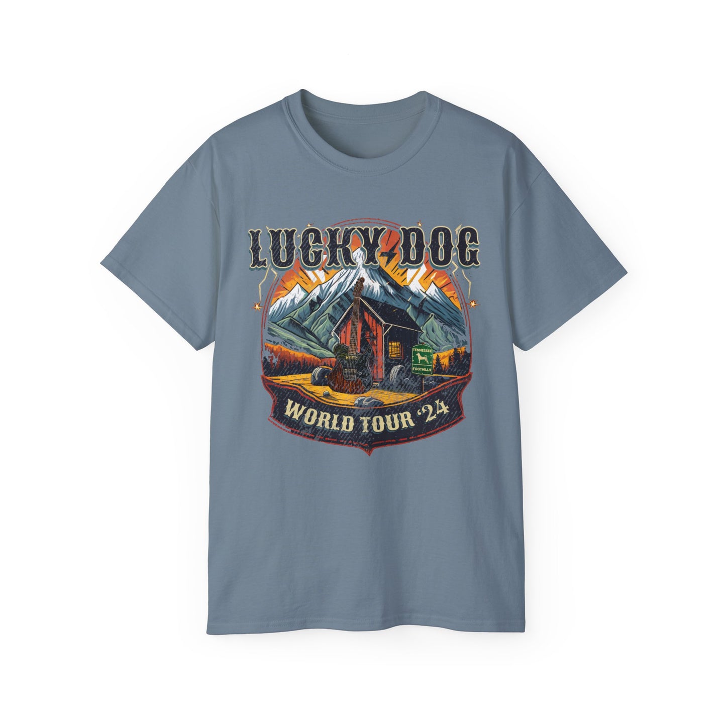 UK Buyers ONLY- Lucky Dog Guitars World Tour 2024 T-shirt Tennessee Custom Band Country Music Nashville Bluegrass Concert 80's