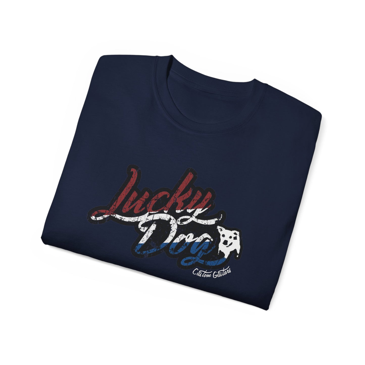 Retro Lucky Dog Guitars Red White Blue T-shirt 'Merica Logo Style OG Vintage America Patriotic Nashville Guitar Reissue USA