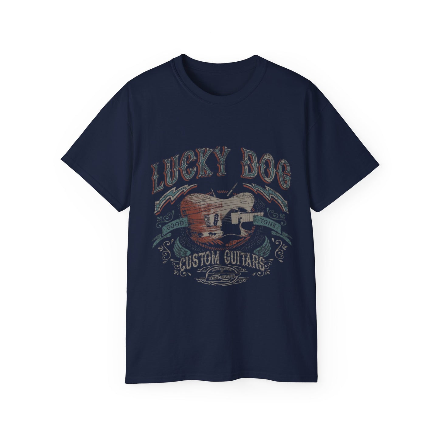 Australia BUYERS ONLY- Reissue Lucky Dog Guitars T-shirt Outlaw Cowboy Guitar Vintage Hotrod Country Outlaw Nashville Tennessee