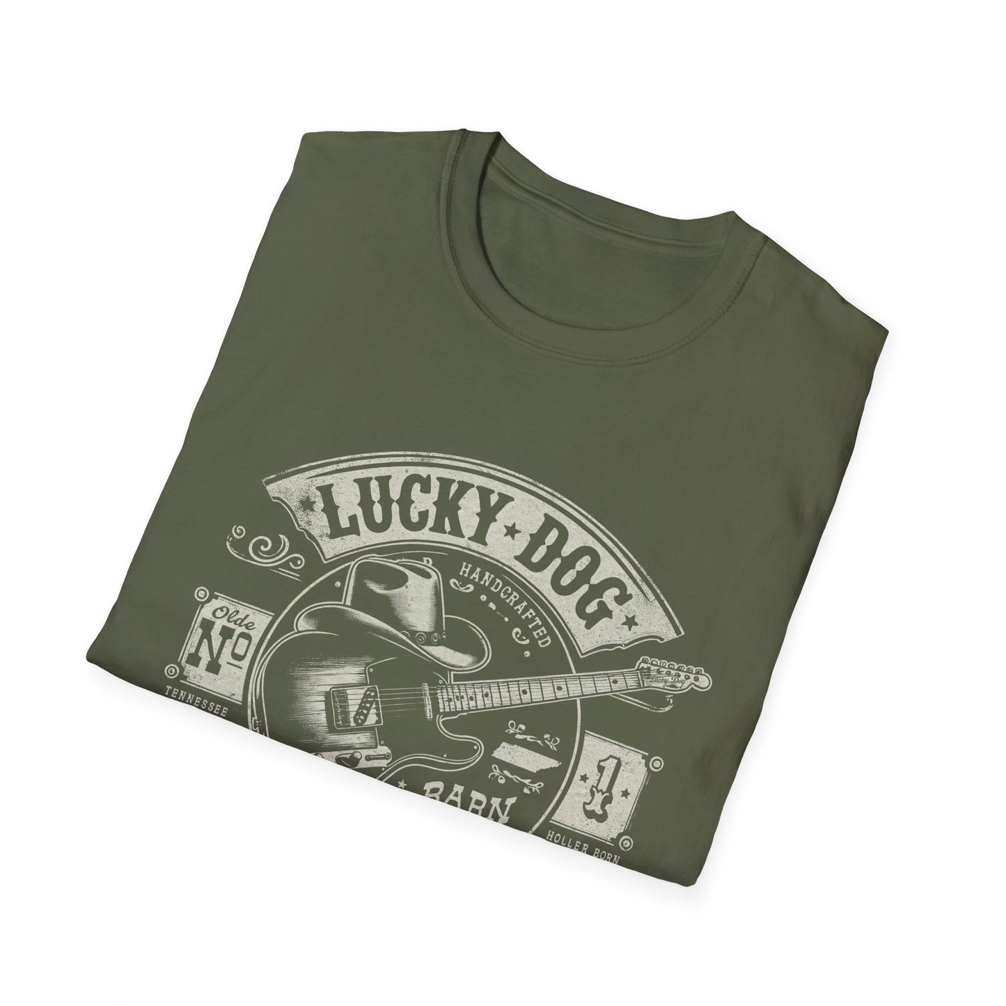 Australia Buyers only- Lucky Dog Guitars - Barn Built Country music Tennessee T-shirt Mountain Charger vintage Outlaw Guitars Waylon