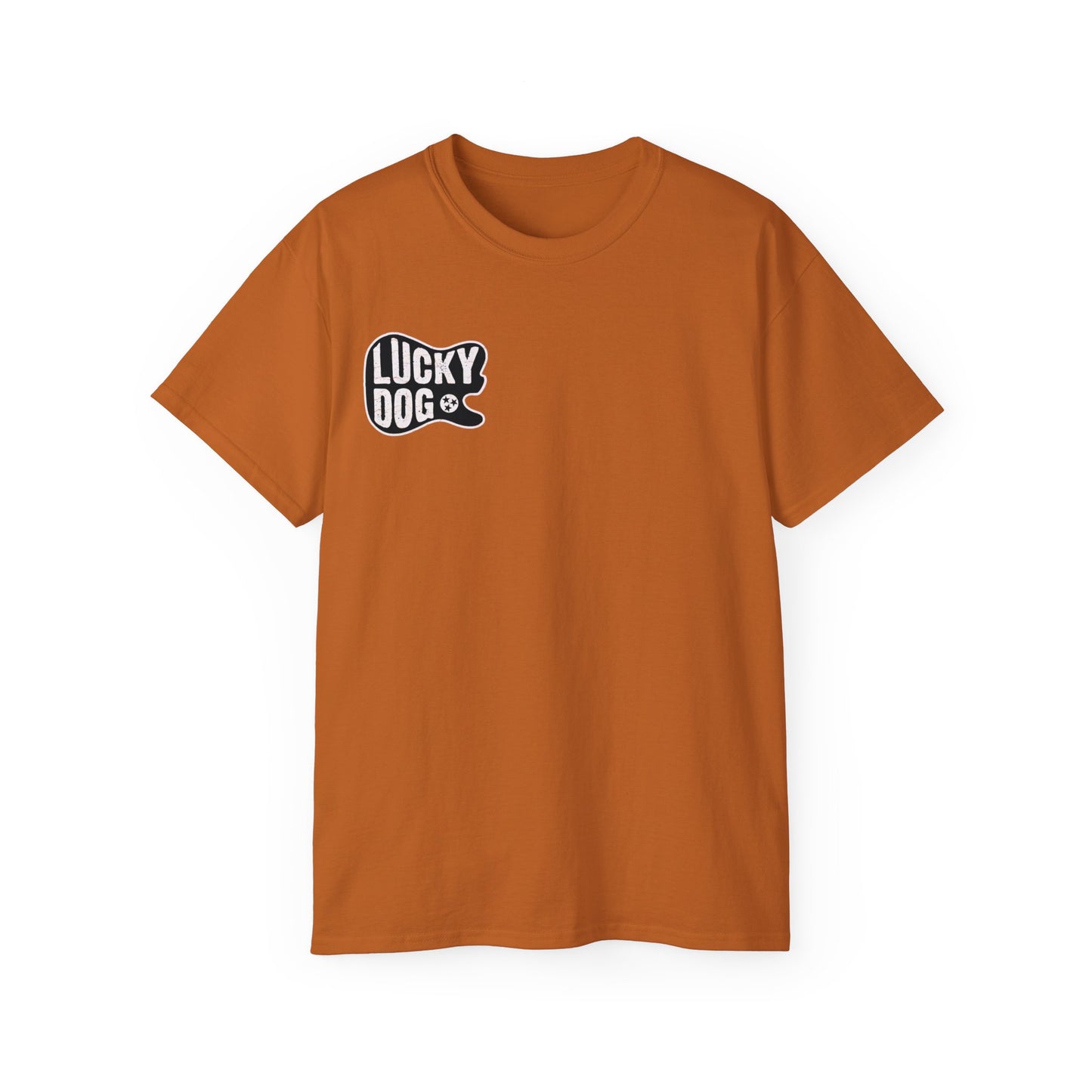 UK BUYERS ONLY- Lucky Dog Guitars T-shirt Tennessee Mountains Custom Band Concert Hiking Nature BigFoot Big Foot Camping Ford Chevy