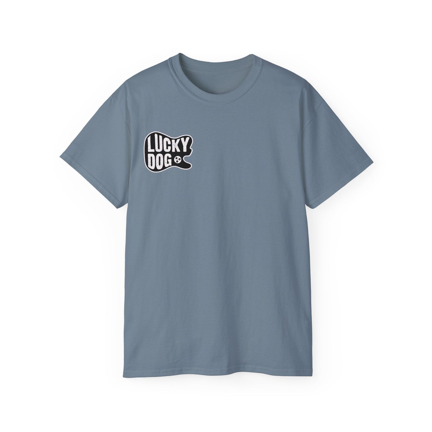 UK BUYERS ONLY- Lucky Dog Guitars T-shirt Tennessee Mountains Custom Band Concert Hiking Nature BigFoot Big Foot Camping Ford Chevy