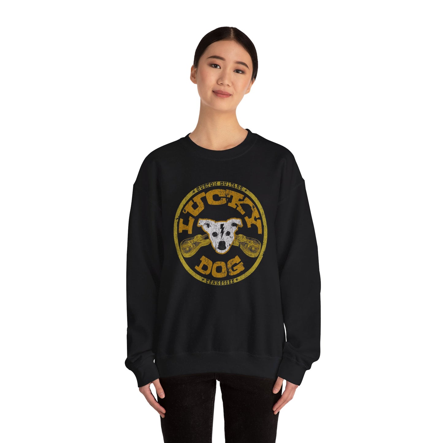 UK Buyers ONLY- Lucky Dog Guitars Dog-Head Logo Sweatshirt - Heavy blend crewneck.  Tennessee America Guitar Company Country Music USA