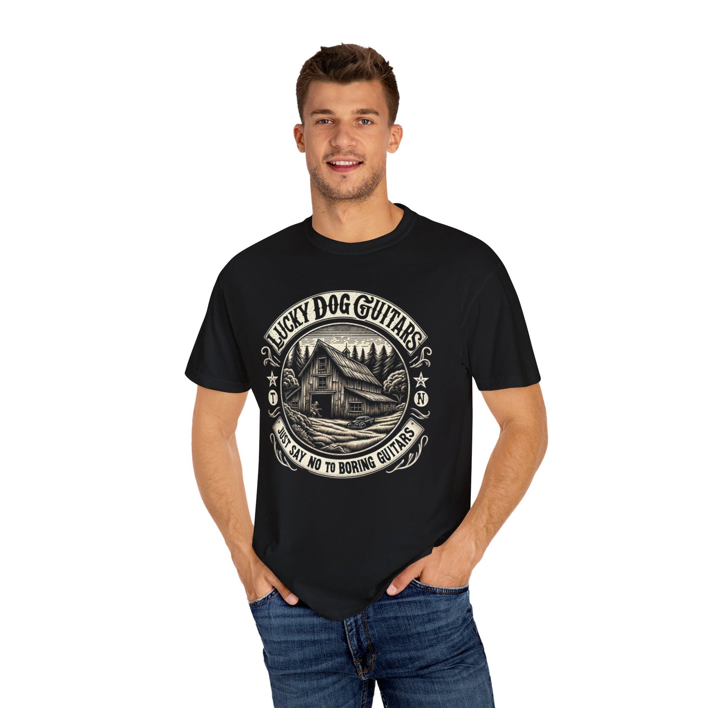 Lucky Dog 2024 Premium Comfort Colors Just Say No To Boring Guitars Barn Honky Tonk T-shirt Tennessee  USA