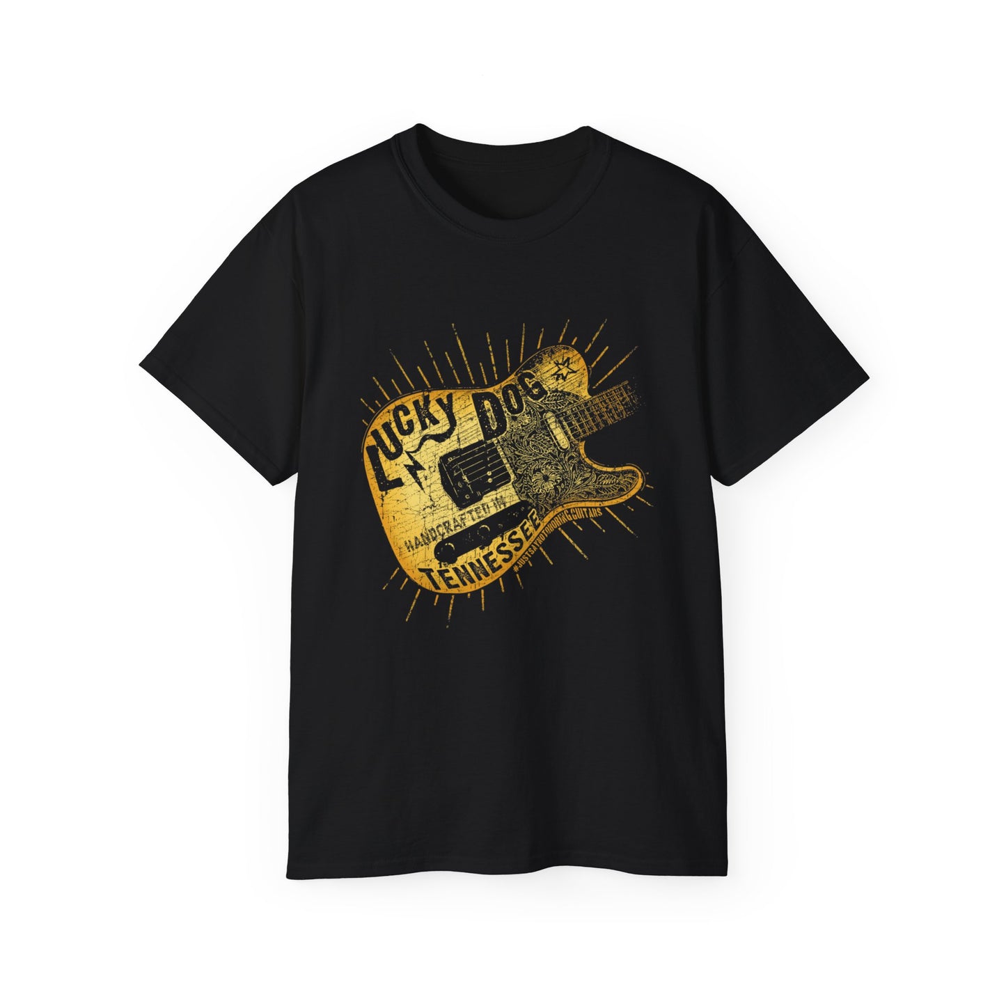 UK Buyers ONLY- Lucky Dog Guitars T-shirt Butterscotch Blonde Red Keef Keith Richards Vintage Hotrod Country Outlaw Nashville TN Tennessee