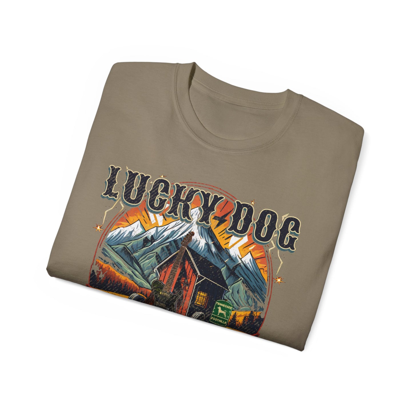 UK Buyers ONLY- Lucky Dog Guitars World Tour 2024 T-shirt Tennessee Custom Band Country Music Nashville Bluegrass Concert 80's