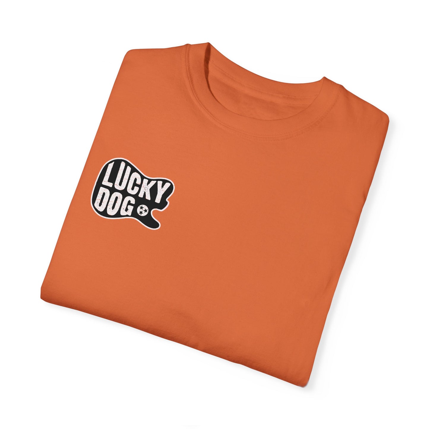 PREMIUM Comfort Colors Lucky DogTennessee Orange Guitar T-shirt - Just Say No To Boring Guitars - Bo Big UTK Guitar Company new 2023 USA