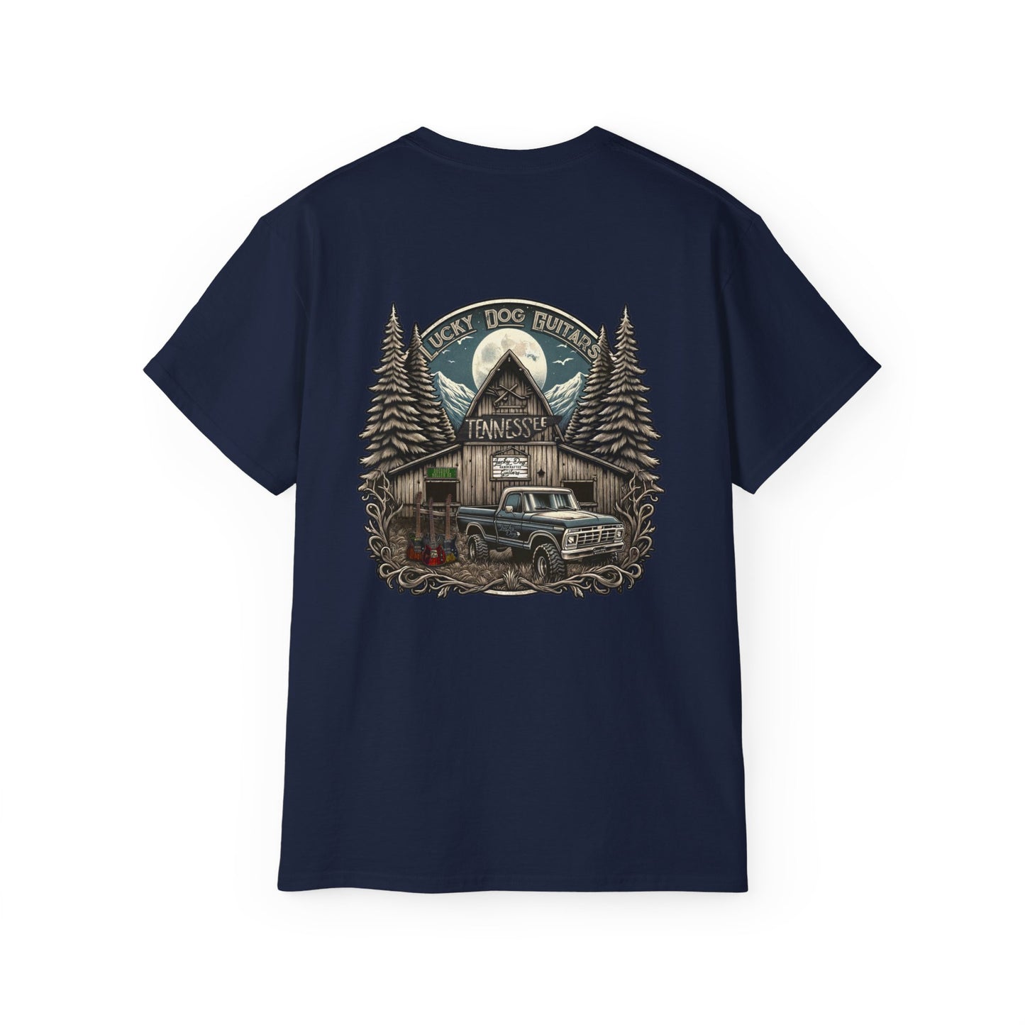 Lucky Dog Guitars "Barn Built" Tennessee T-shirt Mountain Hollow moon outdoors vintage Ford pickup truck custom guitar  USA