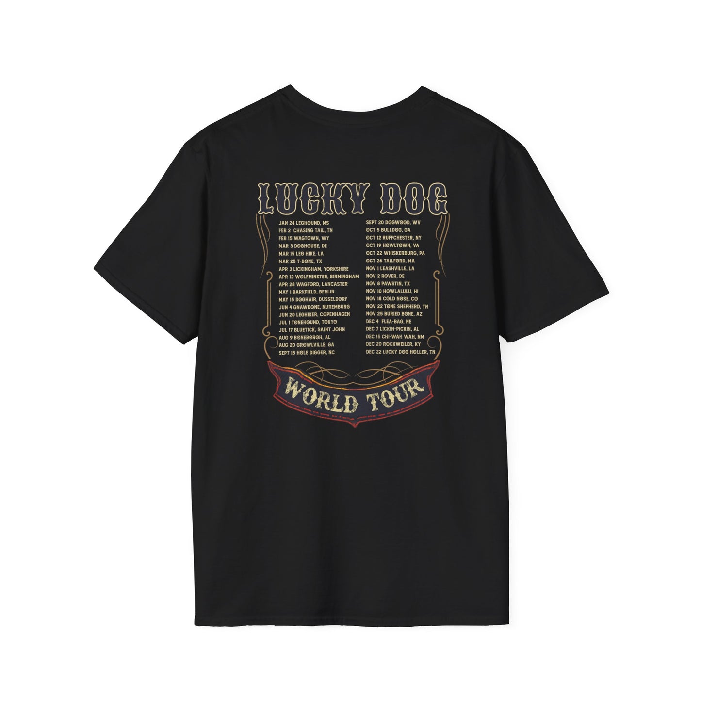 Canada Buyers ONLY- Lucky Dog Guitars World Tour 2024 T-shirt Tennessee Custom Band Country Music Nashville Bluegrass Concert 80's