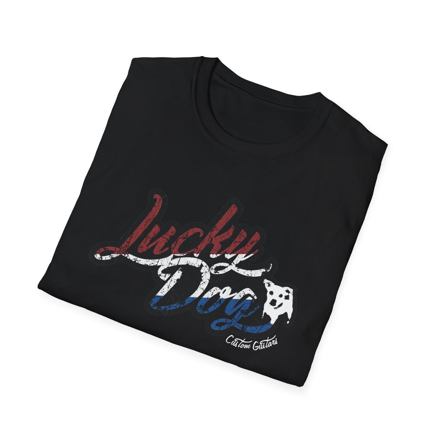 Canada buyers only- Retro Lucky Dog Guitars Red White Blue T-shirt 'Merica Logo Style OG Vintage America Patriotic Nashville Guitar Reissue