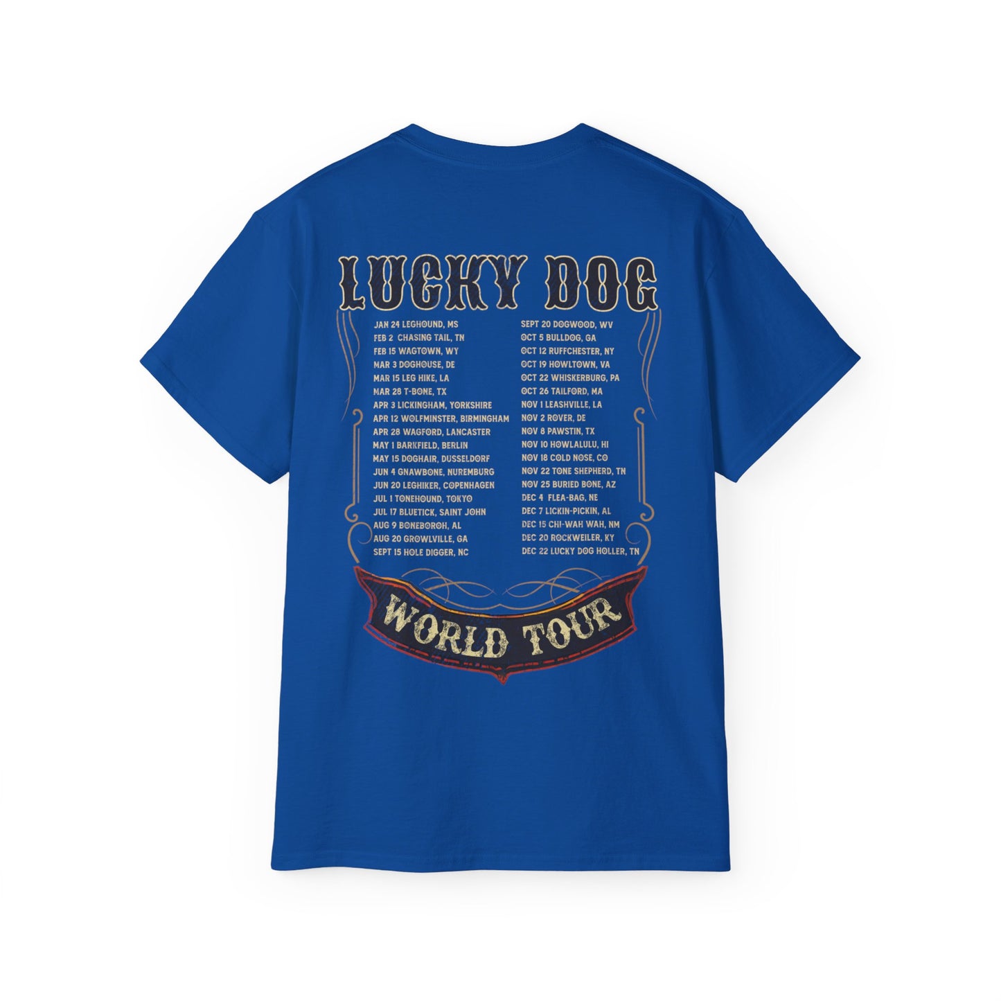 UK Buyers ONLY- Lucky Dog Guitars World Tour 2024 T-shirt Tennessee Custom Band Country Music Nashville Bluegrass Concert 80's