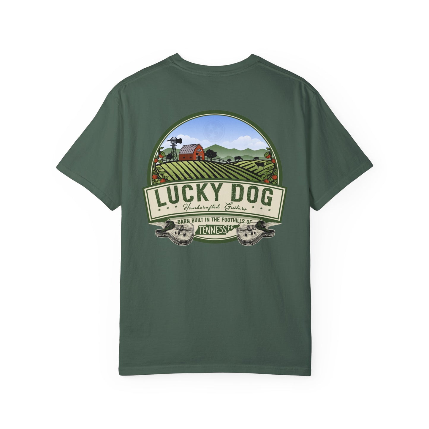 PREMIUM Comfort Colors Lucky Dog Guitar T-shirt - Barn Built - Tennessee Guitar Company new 2023 USA