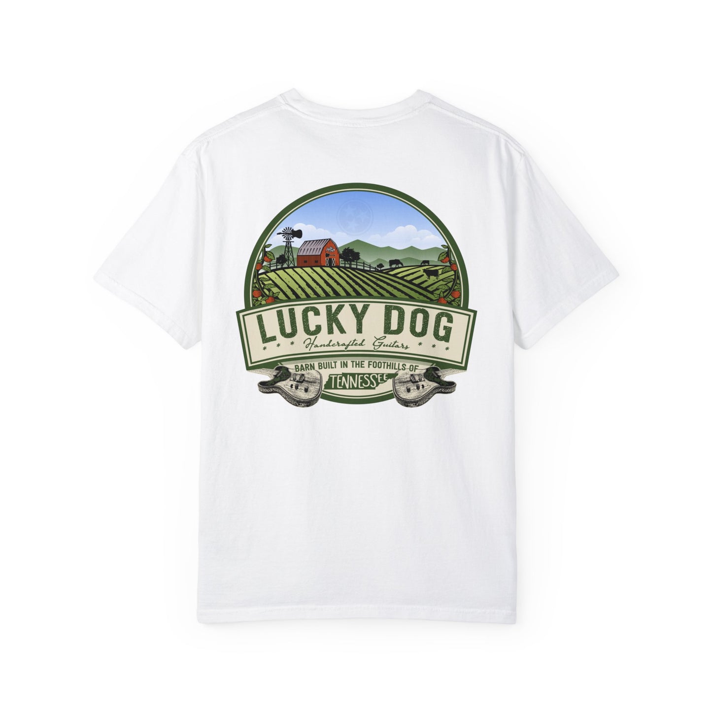 PREMIUM Comfort Colors Lucky Dog Guitar T-shirt - Barn Built - Tennessee Guitar Company new 2023 USA