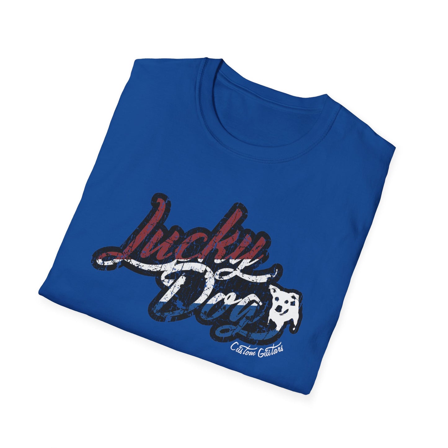 Canada buyers only- Retro Lucky Dog Guitars Red White Blue T-shirt 'Merica Logo Style OG Vintage America Patriotic Nashville Guitar Reissue