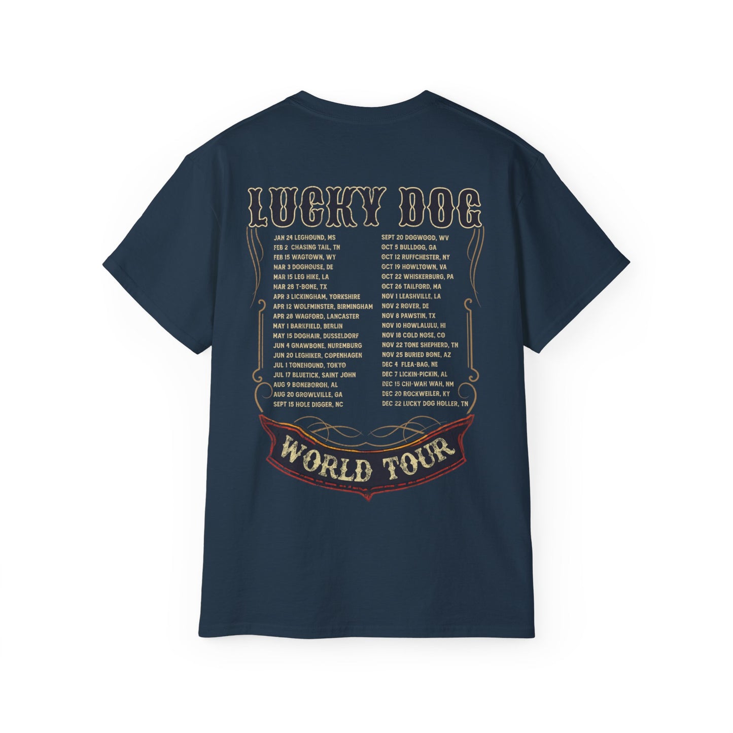 UK Buyers ONLY- Lucky Dog Guitars World Tour 2024 T-shirt Tennessee Custom Band Country Music Nashville Bluegrass Concert 80's