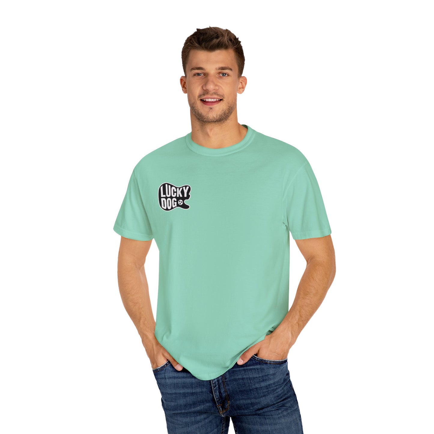 PREMIUM Comfort Colors Lucky Dog Guitar T-shirt - Just Say No To Boring Guitars - Tennessee Guitar Company new 2023 USA