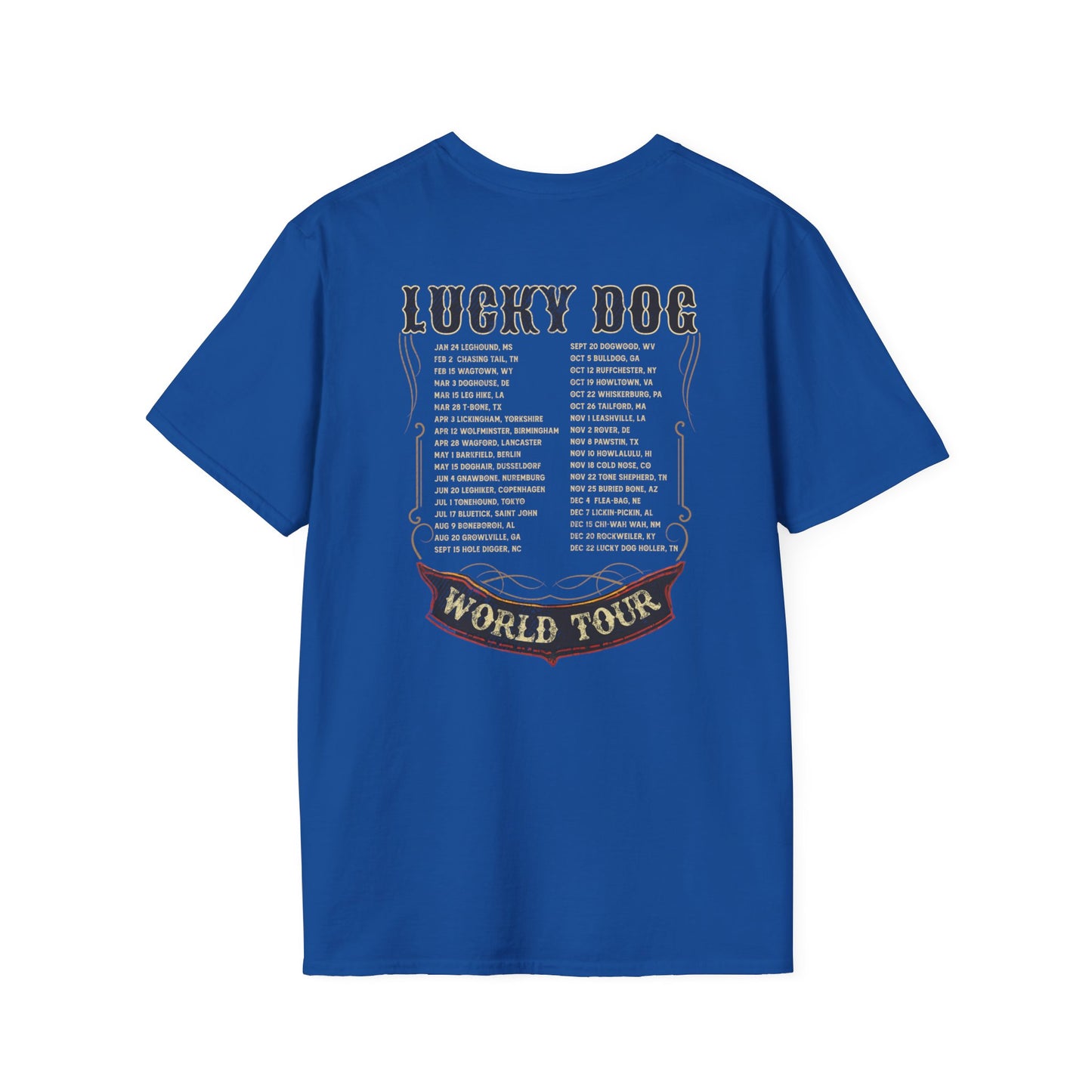 Canada Buyers ONLY- Lucky Dog Guitars World Tour 2024 T-shirt Tennessee Custom Band Country Music Nashville Bluegrass Concert 80's