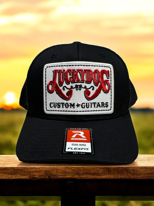 Lucky Dog Guitars SM-MD Flexfit ball cap Heather black crown/black mesh hat truckstop vintage  Stretchy back ballcap-multiple patch options available