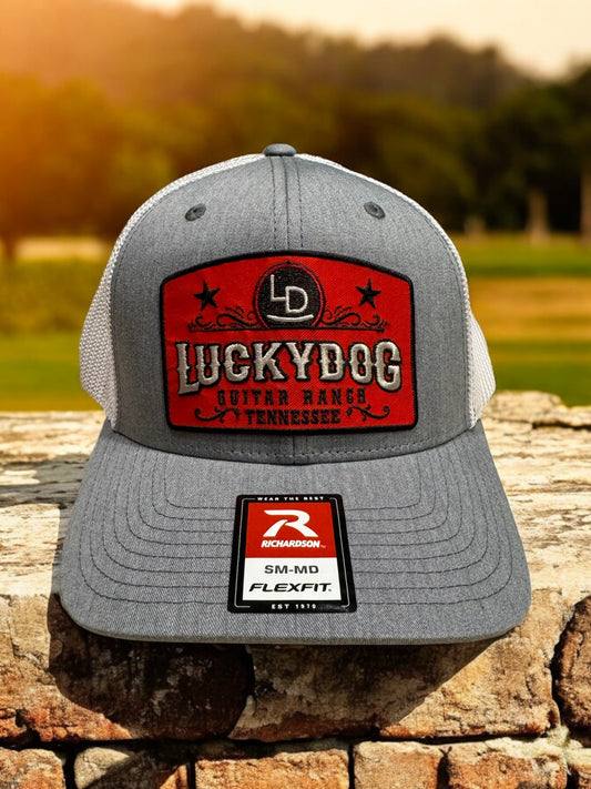 Lucky Dog Guitars SM-MD Flexfit ball cap Heather gray and white mesh hat truckstop vintage  Stretchy back ballcap-multiple patch options available