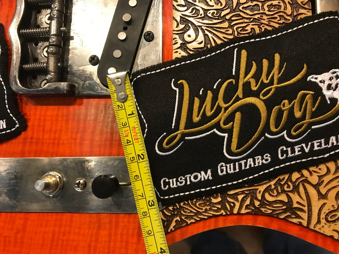 Lucky Dog Guitars Patch - Iron-on backing - Great for trucker hats jackets guitar case or gig bags.  High thread embroidered nice quality