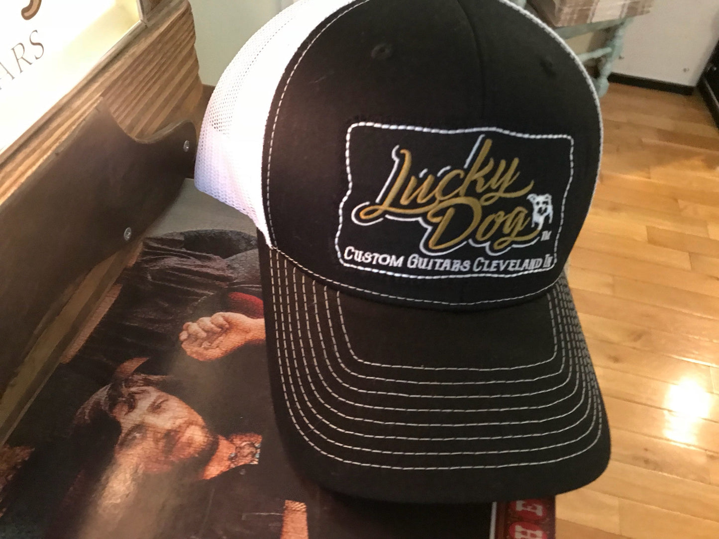 Lucky Dog Guitars Regular Black & White Mesh Trucker Hat with patch Truckstop Outlaw Retro Country Punk embroidered