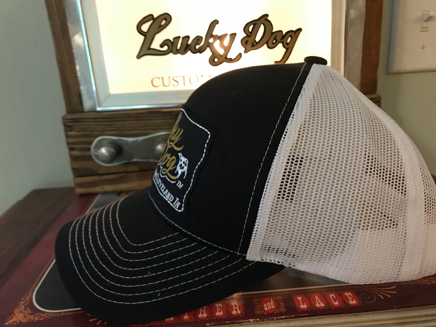 Lucky Dog Guitars Regular Black & White Mesh Trucker Hat with patch Truckstop Outlaw Retro Country Punk embroidered