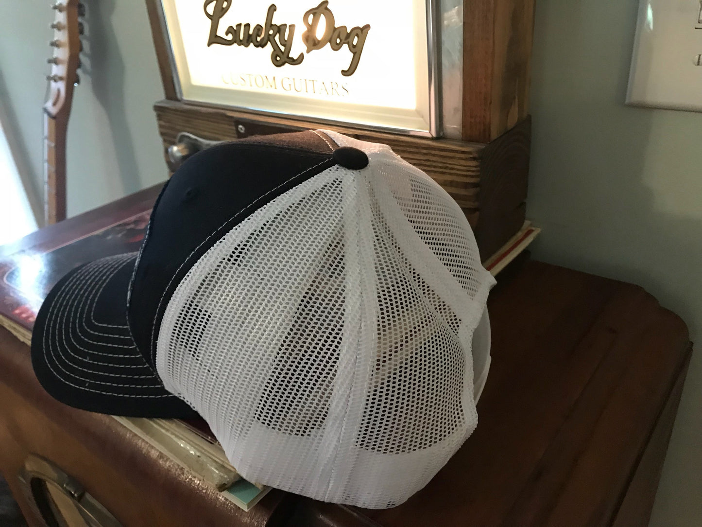 Lucky Dog Guitars Regular Black & White Mesh Trucker Hat with patch Truckstop Outlaw Retro Country Punk embroidered