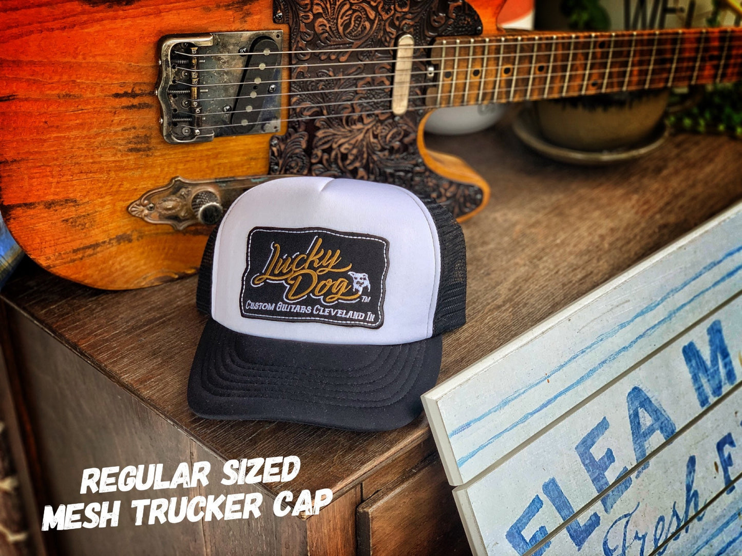 Lucky Dog Guitars trucker foam front-mesh back - white with black bill - truckstop smokey and the bandit guitar custom hat