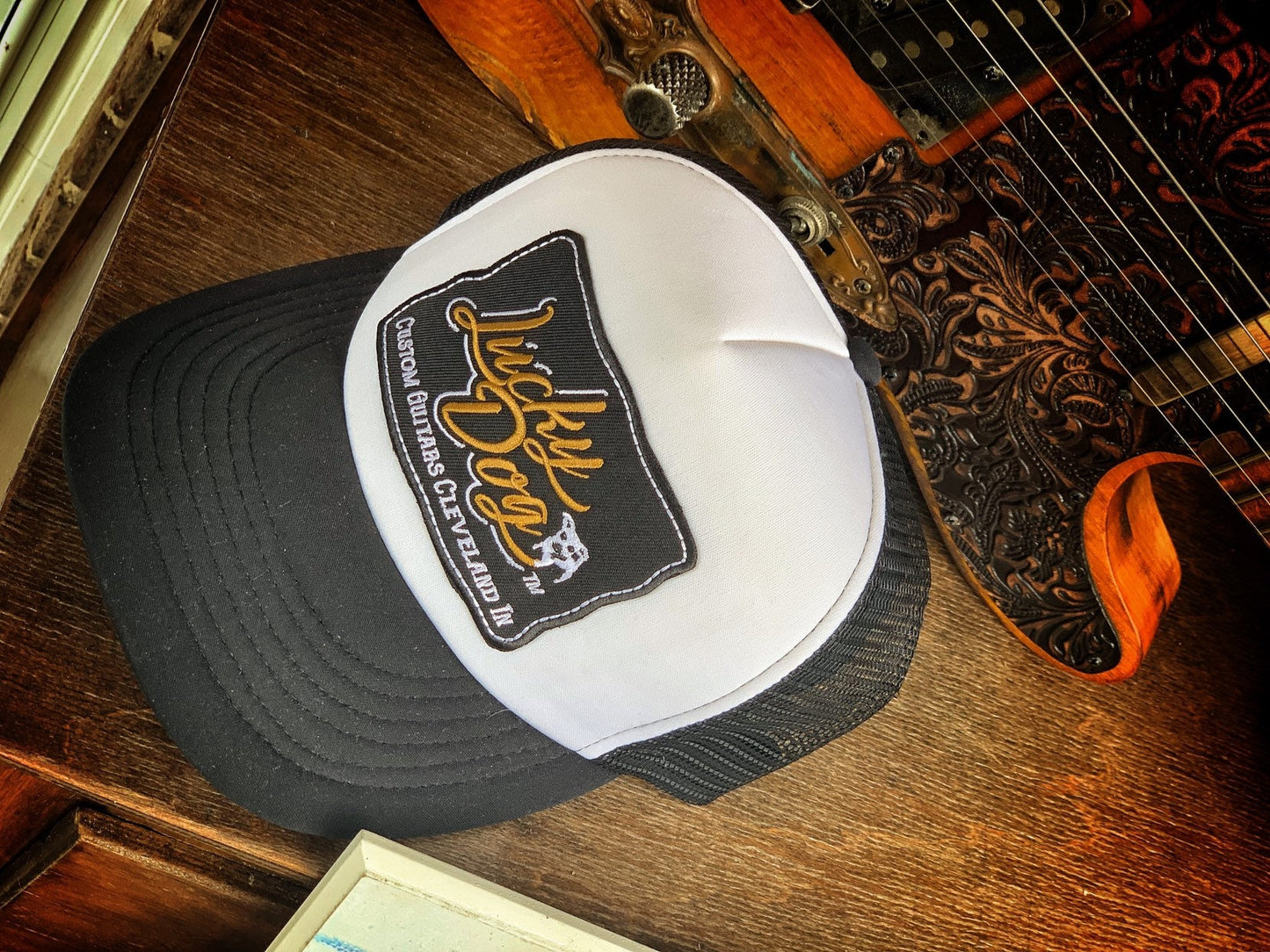 Lucky Dog Guitars trucker foam front-mesh back - white with black bill - truckstop smokey and the bandit guitar custom hat