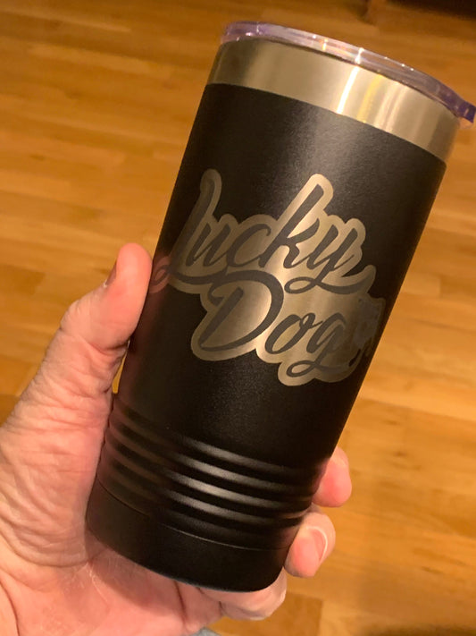 Lucky Dog Guitars stainless insulated tumbler. Keeps drinks hot or cold for hours. High quality. Satisfaction guaranteed. Coffee soda